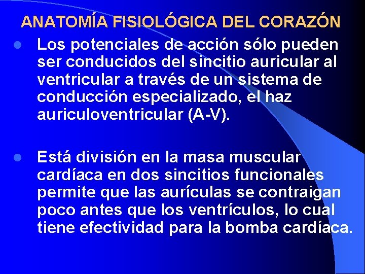 ANATOMÍA FISIOLÓGICA DEL CORAZÓN l Los potenciales de acción sólo pueden ser conducidos del