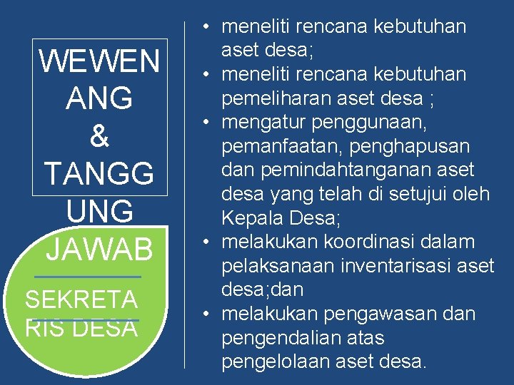 WEWEN ANG & TANGG UNG JAWAB SEKRETA RIS DESA • meneliti rencana kebutuhan aset