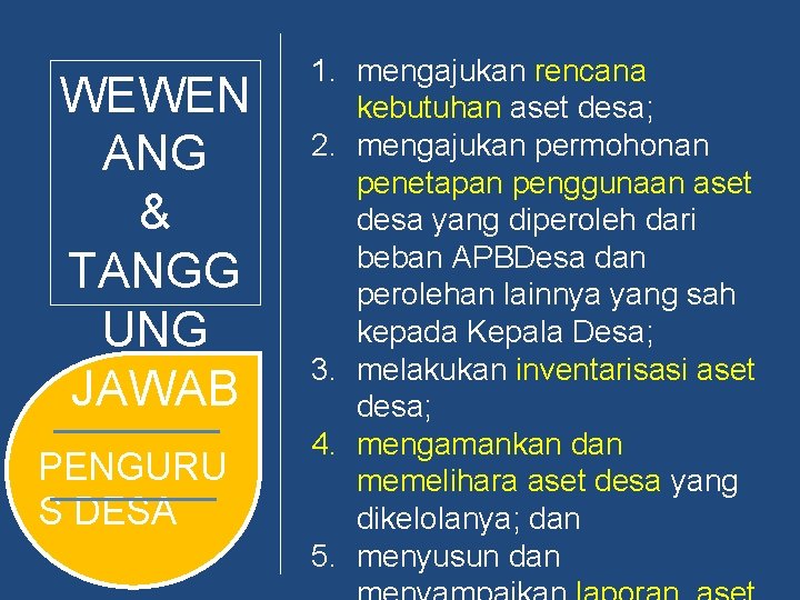 WEWEN ANG & TANGG UNG JAWAB PENGURU S DESA 1. mengajukan rencana kebutuhan aset