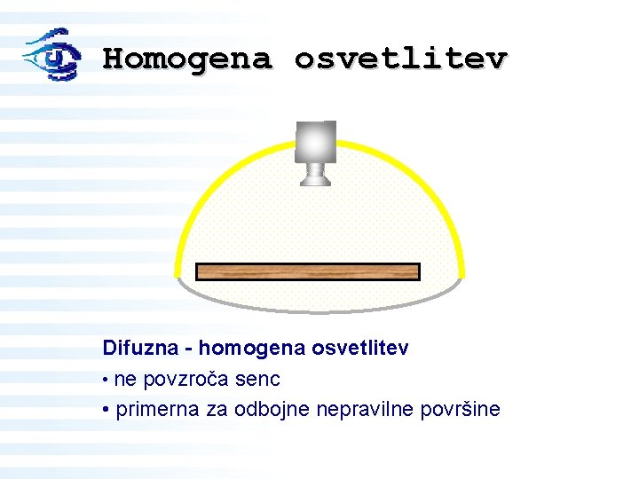 Homogena osvetlitev Difuzna - homogena osvetlitev • ne povzroča senc • primerna za odbojne