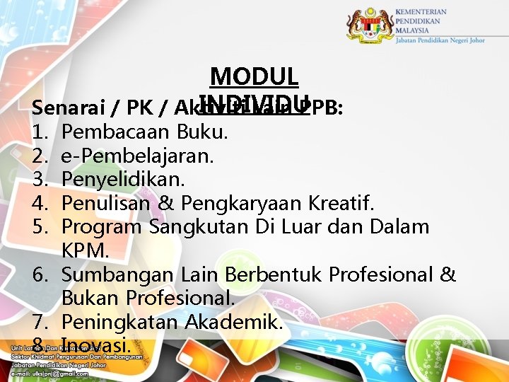 MODUL INDIVIDU Senarai / PK / Aktiviti Lain PPB: 1. 2. 3. 4. 5.