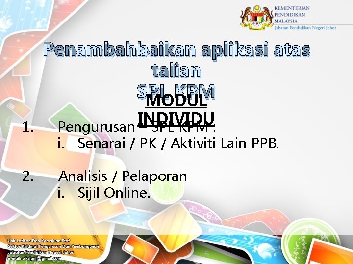Penambahbaikan aplikasi atas talian SPL KPM MODUL 1. 2. INDIVIDU Pengurusan – SPL KPM