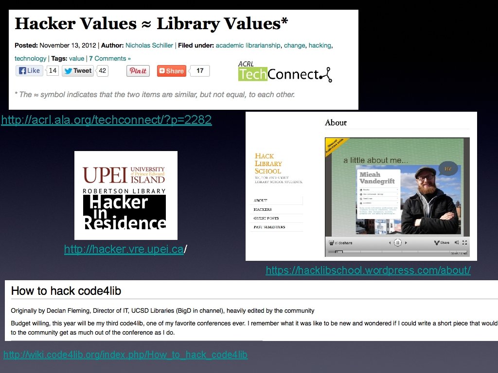 http: //acrl. ala. org/techconnect/? p=2282 http: //hacker. vre. upei. ca/ https: //hacklibschool. wordpress. com/about/