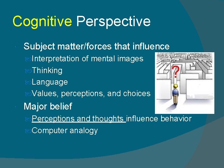 Cognitive Perspective Subject matter/forces that influence Interpretation of mental images Thinking Language Values, perceptions,