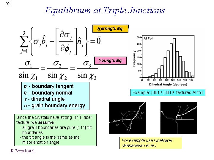 52 Equilibrium at Triple Junctions Herring’s Eq. Young’s Eq. bj - boundary tangent nj