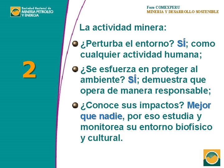 Foro COMEXPERU MINERIA Y DESARROLLO SOSTENIBLE La actividad minera: 2 ¿Perturba el entorno? SÍ;