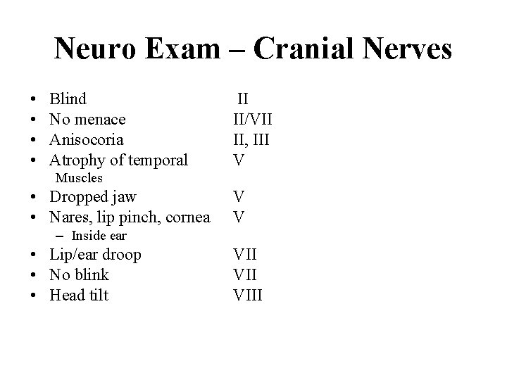 Neuro Exam – Cranial Nerves • • Blind No menace Anisocoria Atrophy of temporal