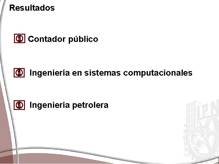 Resultados Contador público Ingeniería en sistemas computacionales Ingeniería petrolera 