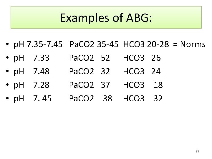 Examples of ABG: • • • p. H 7. 35 -7. 45 p. H