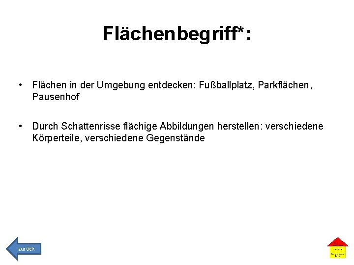 Flächenbegriff*: • Flächen in der Umgebung entdecken: Fußballplatz, Parkflächen, Pausenhof • Durch Schattenrisse flächige