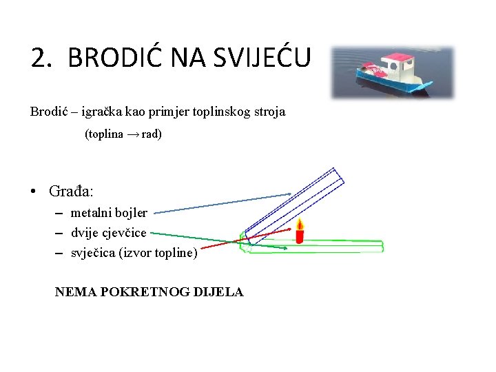2. BRODIĆ NA SVIJEĆU Brodić – igračka kao primjer toplinskog stroja (toplina → rad)