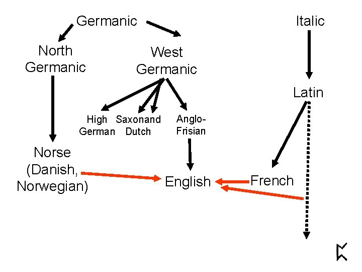 Germanic North Germanic Italic West Germanic Latin High Saxonand German Dutch Norse (Danish, Norwegian)