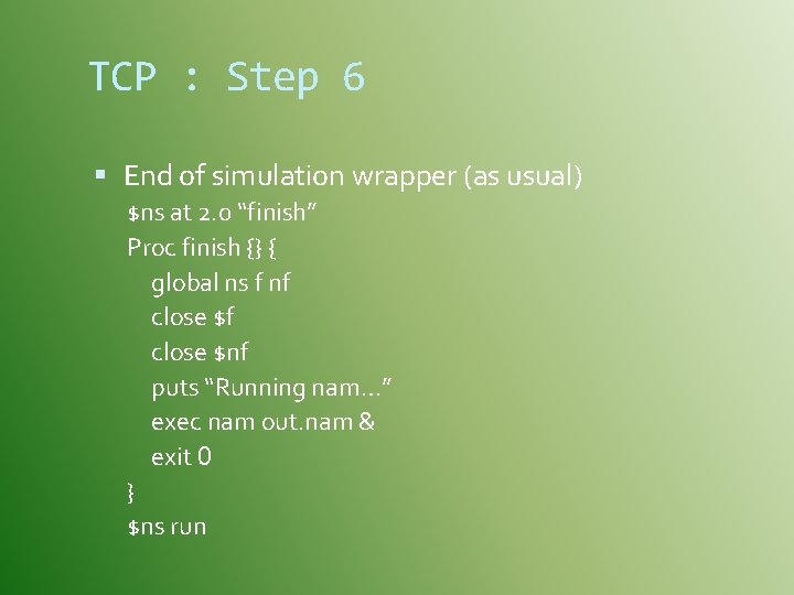 TCP : Step 6 End of simulation wrapper (as usual) $ns at 2. 0