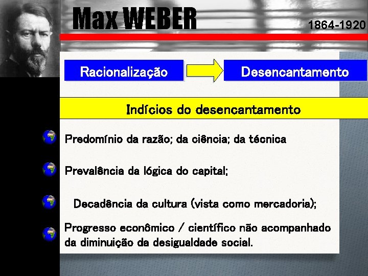 Max WEBER Racionalização 1864 -1920 Desencantamento Indícios do desencantamento Predomínio da razão; da ciência;