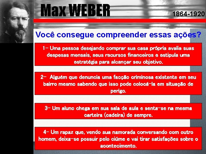 Max WEBER 1864 -1920 Você consegue compreender essas ações? 1 - Uma pessoa desejando