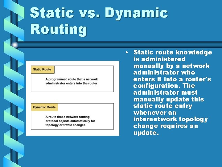Static vs. Dynamic Routing • Static route knowledge is administered manually by a network Static vs. Dynamic Routing • Static route knowledge is administered manually by a network