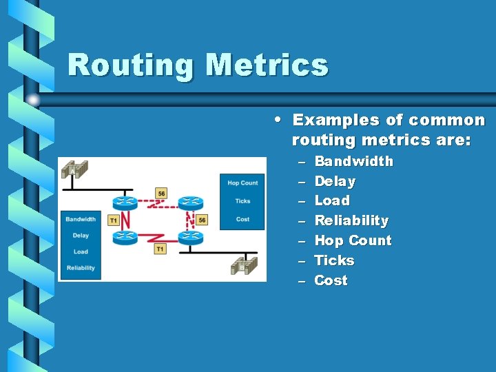 Routing Metrics • Examples of common routing metrics are: – – – – Bandwidth