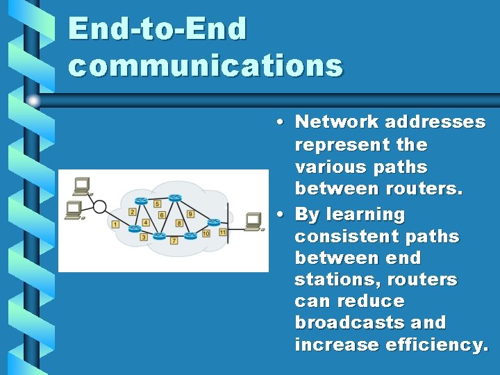 End-to-End communications • Network addresses represent the various paths between routers. • By learning