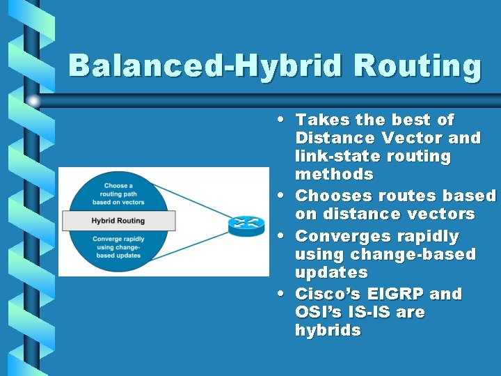 Balanced-Hybrid Routing • Takes the best of Distance Vector and link-state routing methods • Balanced-Hybrid Routing • Takes the best of Distance Vector and link-state routing methods •
