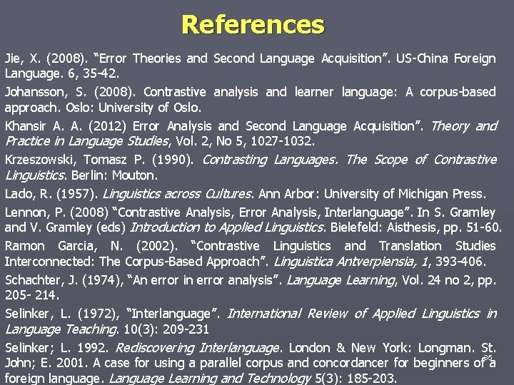 References Jie, X. (2008). “Error Theories and Second Language Acquisition”. US-China Foreign Language. 6,