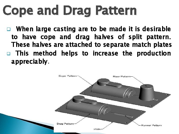 Cope and Drag Pattern When large casting are to be made it is desirable