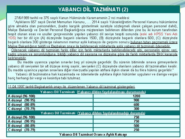 YABANCI DİL TAZMİNATI (2) 27/6/1989 tarihli ve 375 sayılı Kanun Hükmünde Kararnamenin 2 nci