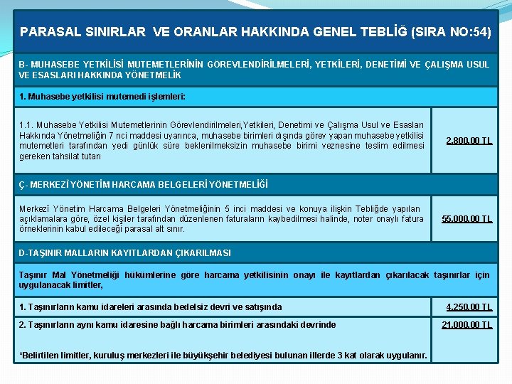 PARASAL SINIRLAR VE ORANLAR HAKKINDA GENEL TEBLİĞ (SIRA NO: 54) B- MUHASEBE YETKİLİSİ MUTEMETLERİNİN