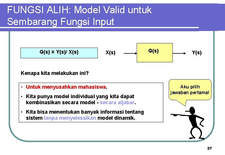 FUNGSI ALIH: Model Valid untuk Sembarang Fungsi Input G(s) = Y(s)/ X(s) G(s) Y(s)