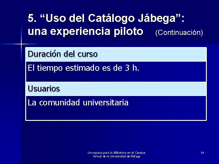 5. “Uso del Catálogo Jábega”: una experiencia piloto (Continuación) Duración del curso El tiempo