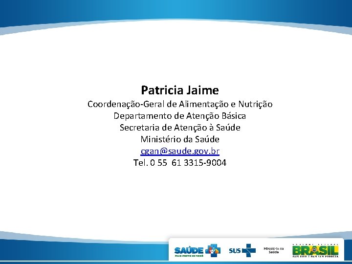 Patricia Jaime Coordenação-Geral de Alimentação e Nutrição Departamento de Atenção Básica Secretaria de Atenção