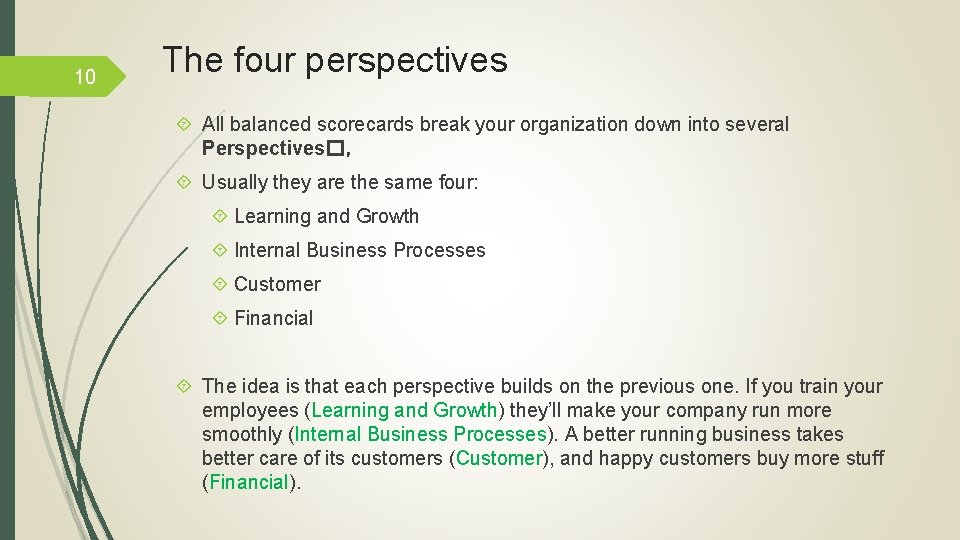 10 The four perspectives All balanced scorecards break your organization down into several Perspectives�,