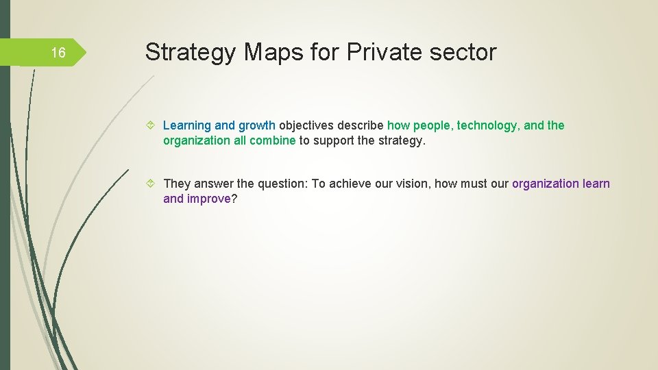 16 Strategy Maps for Private sector Learning and growth objectives describe how people, technology,