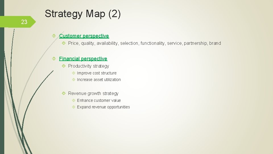 23 Strategy Map (2) Customer perspective Price, quality, availability, selection, functionality, service, partnership, brand