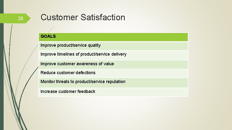 29 Customer Satisfaction GOALS Improve product/service quality Improve timelines of product/service delivery Improve customer