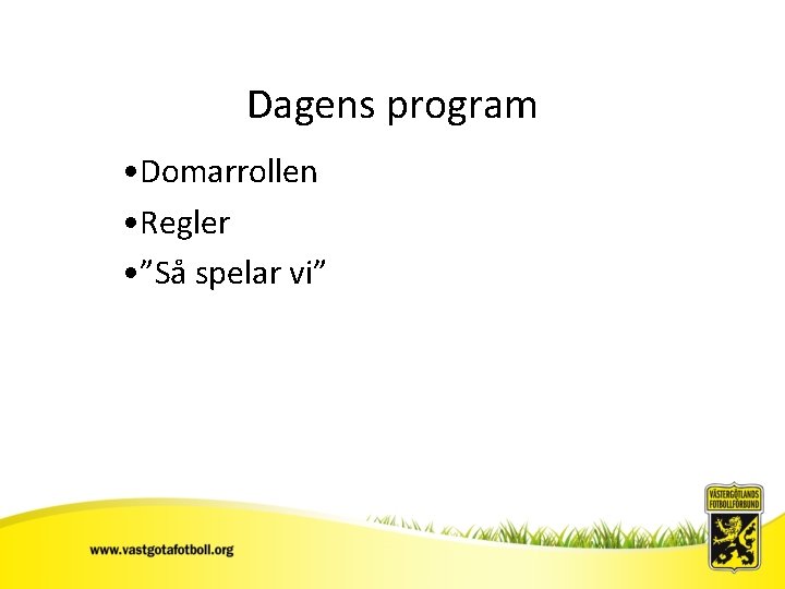 Dagens program • Domarrollen • Regler • ”Så spelar vi” Sv. FF 