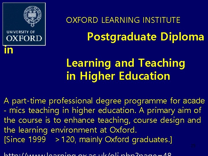 OXFORD LEARNING INSTITUTE in Postgraduate Diploma Learning and Teaching in Higher Education A part-time