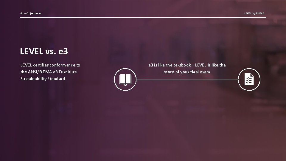 01 – Objective A LEVEL by BIFMA LEVEL vs. e 3 LEVEL certifies conformance