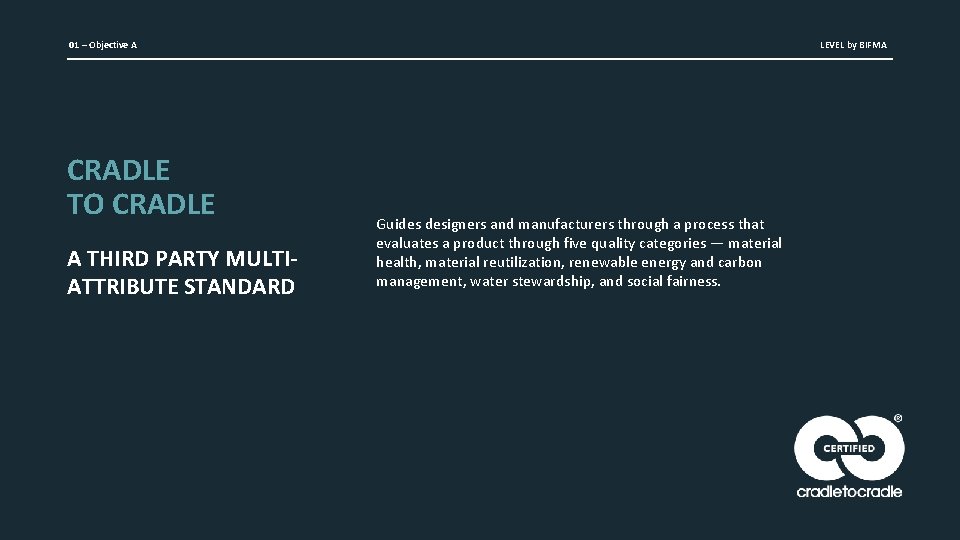 01 – Objective A CRADLE TO CRADLE A THIRD PARTY MULTIATTRIBUTE STANDARD LEVEL by