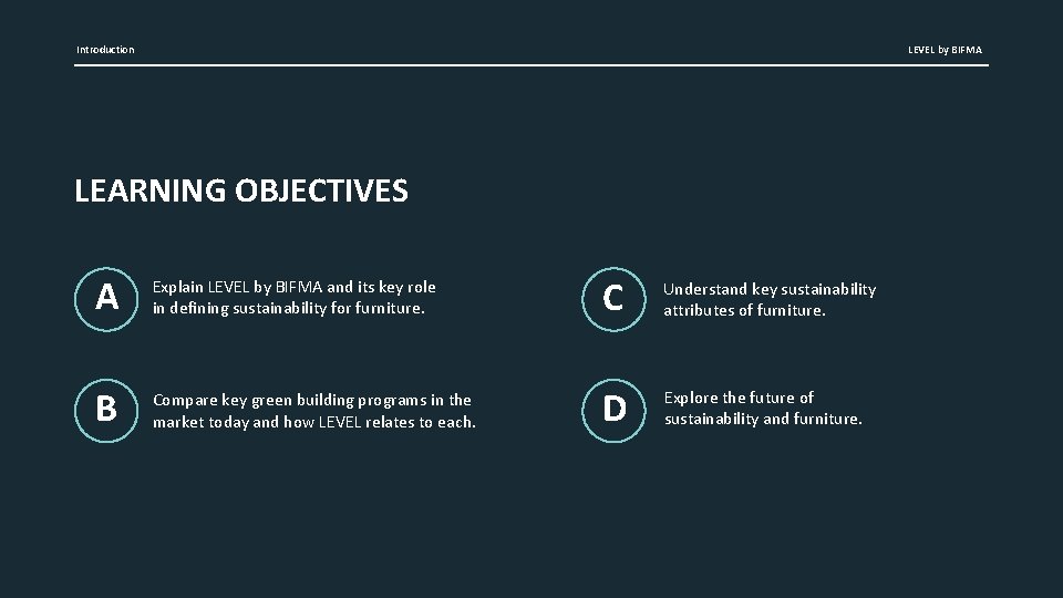 Introduction LEVEL by BIFMA LEARNING OBJECTIVES A Explain LEVEL by BIFMA and its key