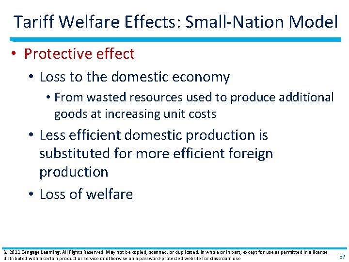 Tariff Welfare Effects: Small‐Nation Model • Protective effect • Loss to the domestic economy