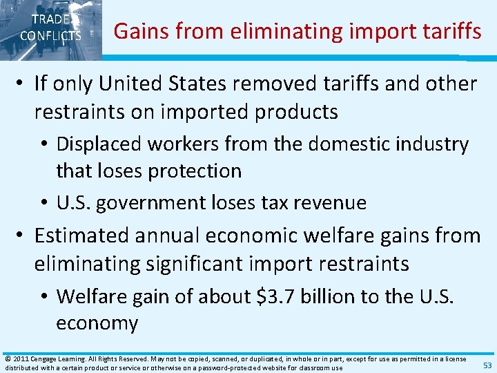 TRADE CONFLICTS Gains from eliminating import tariffs • If only United States removed tariffs