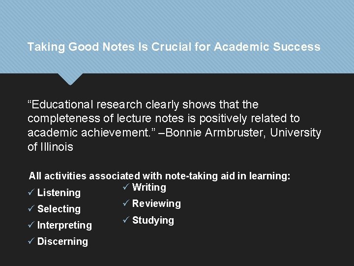 Taking Good Notes Is Crucial for Academic Success “Educational research clearly shows that the