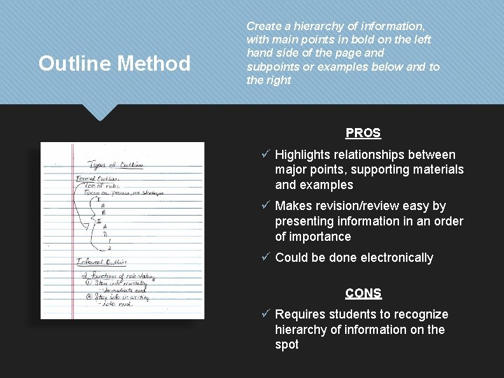 Outline Method Create a hierarchy of information, with main points in bold on the