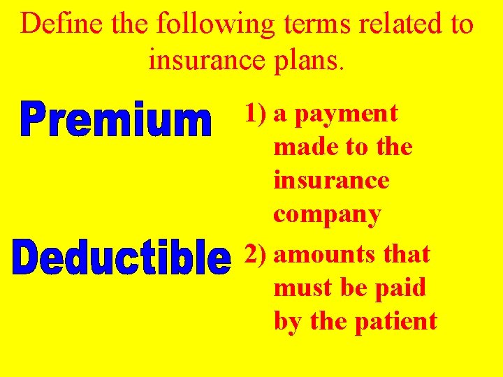 Define the following terms related to insurance plans. 1) a payment made to the
