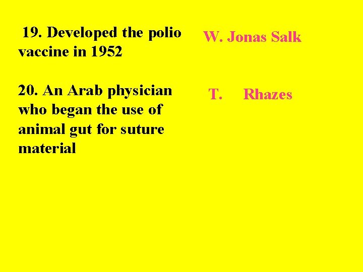  19. Developed the polio vaccine in 1952 W. Jonas Salk 20. An Arab
