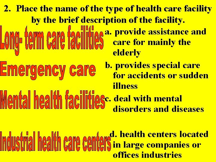 2. Place the name of the type of health care facility by the brief