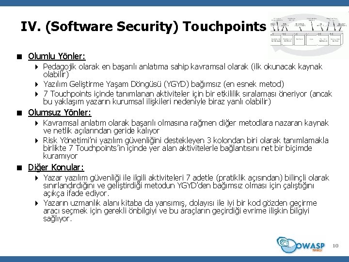 IV. (Software Security) Touchpoints < Olumlu Yönler: 4 Pedagojik olarak en başarılı anlatıma sahip