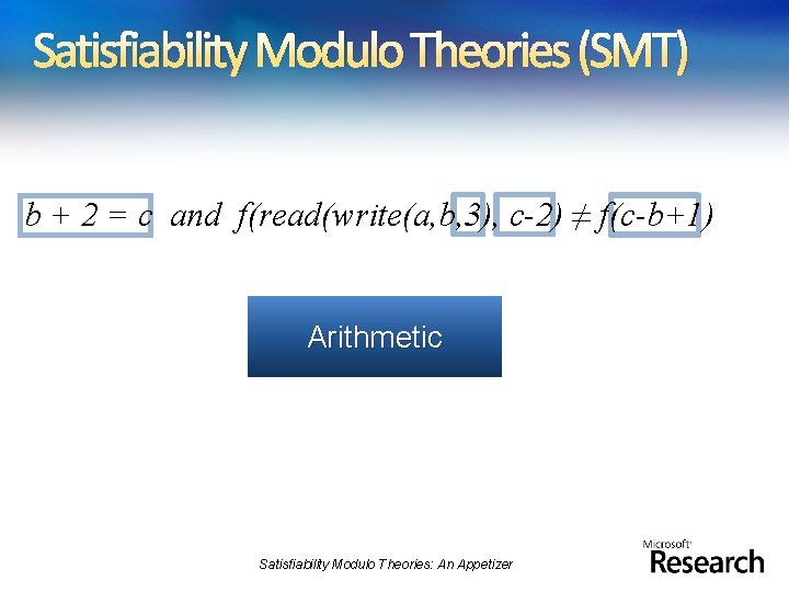 Satisfiability Modulo Theories (SMT) b + 2 = c and f(read(write(a, b, 3), c-2)