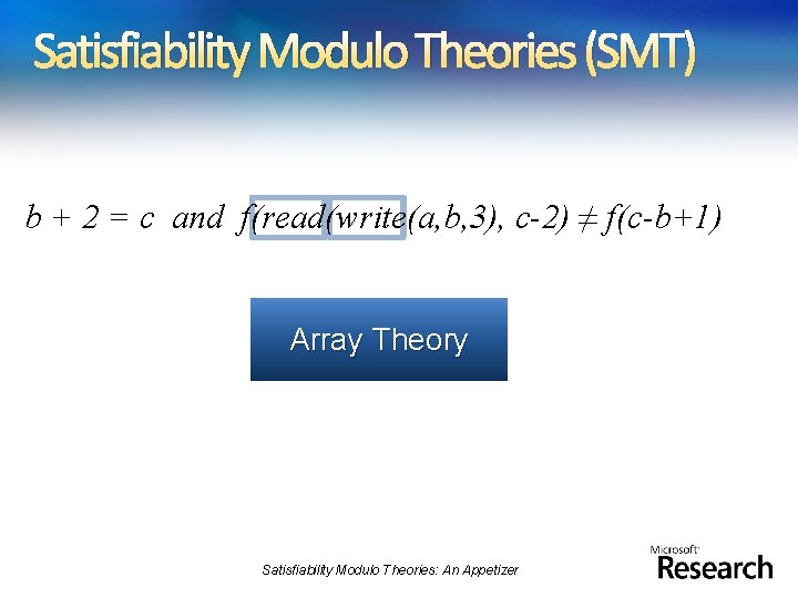 Satisfiability Modulo Theories (SMT) b + 2 = c and f(read(write(a, b, 3), c-2)