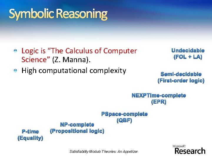 Symbolic Reasoning Logic is “The Calculus of Computer Science” (Z. Manna). High computational complexity